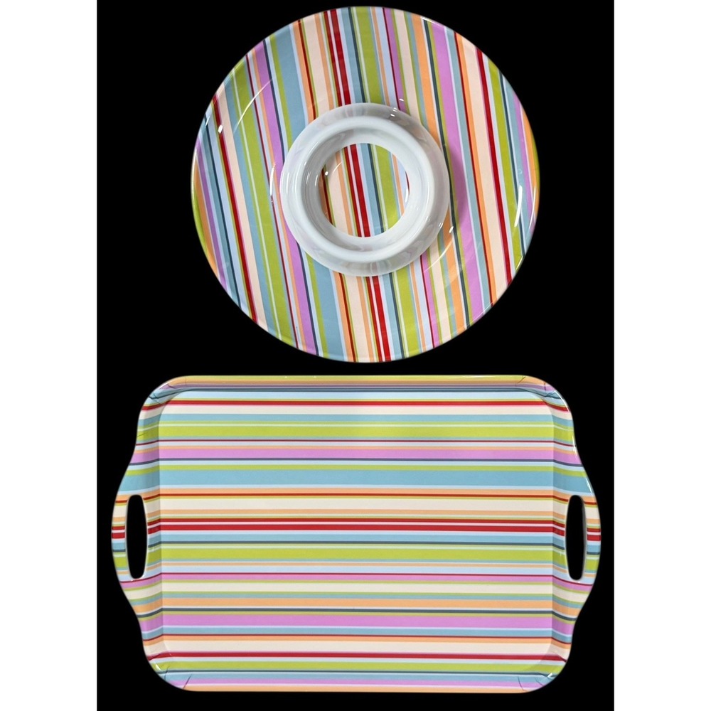 Zak Designs Melamine Serving Tray & Chip Dip Platter Set Striped Colorful